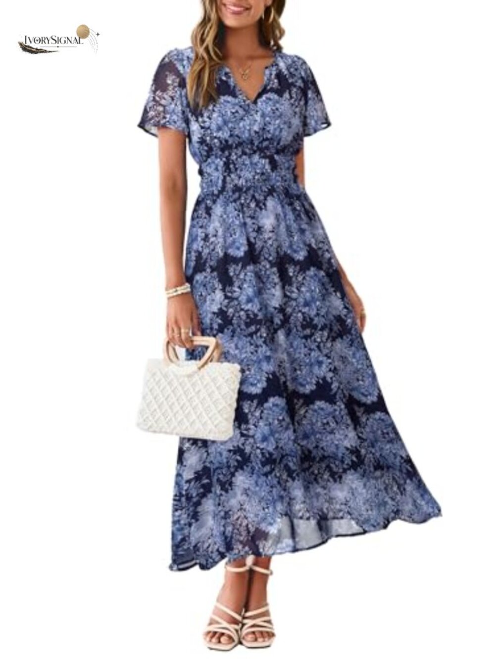 Simplee Women Floral Chiffon Maxi Dress Short Sleeve V Neck A-Line Boho